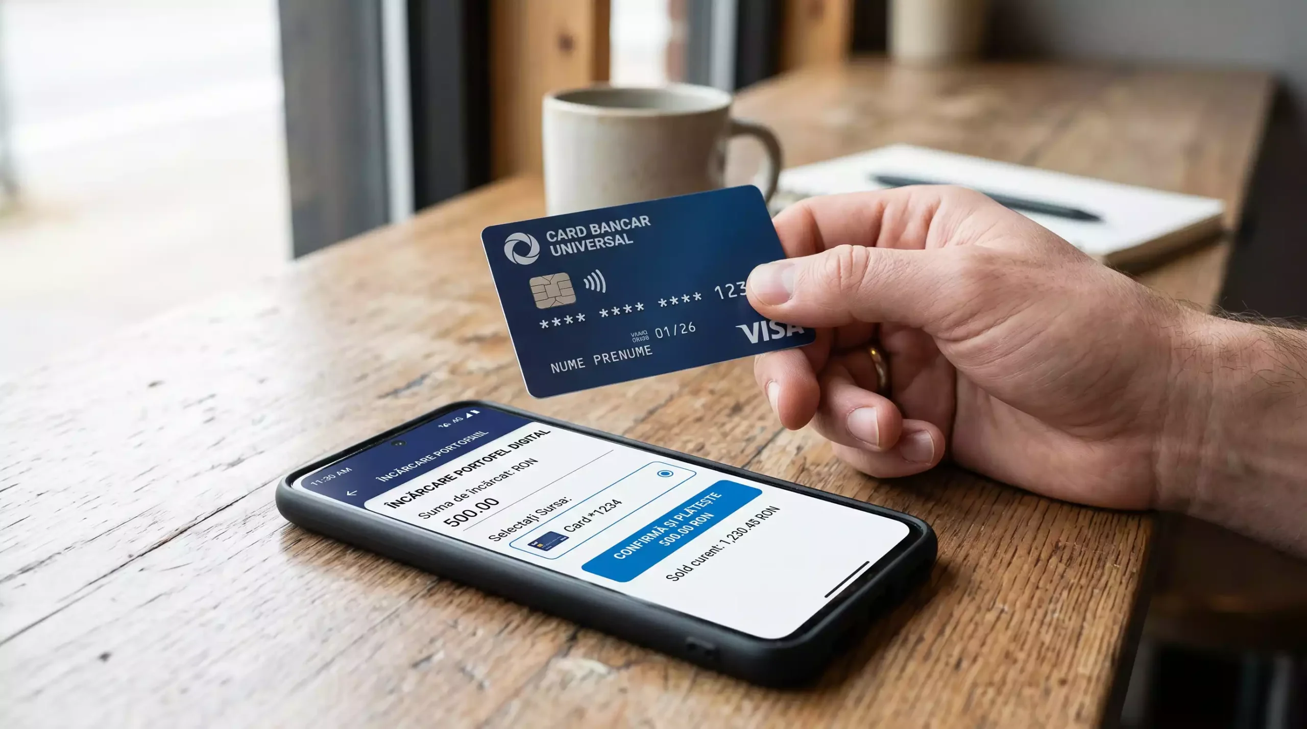 Card bancar Visa tinut in mana langa un telefon mobil cu ecranul de alimentare a portofelului electronic
