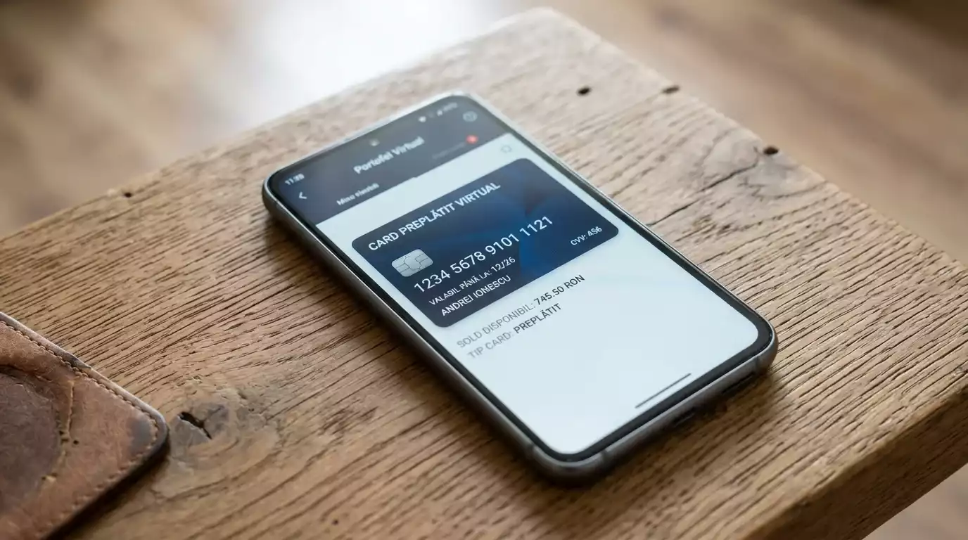 Card prepaid virtual afisat pe ecranul unui telefon mobil pe un birou de lemn