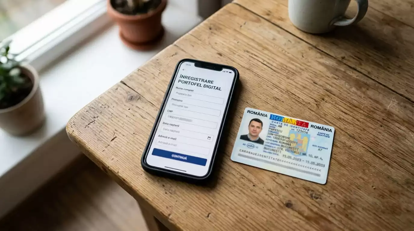 Telefon mobil cu formularul de inregistrare Neteller deschis pe un birou langa un buletin romanesc