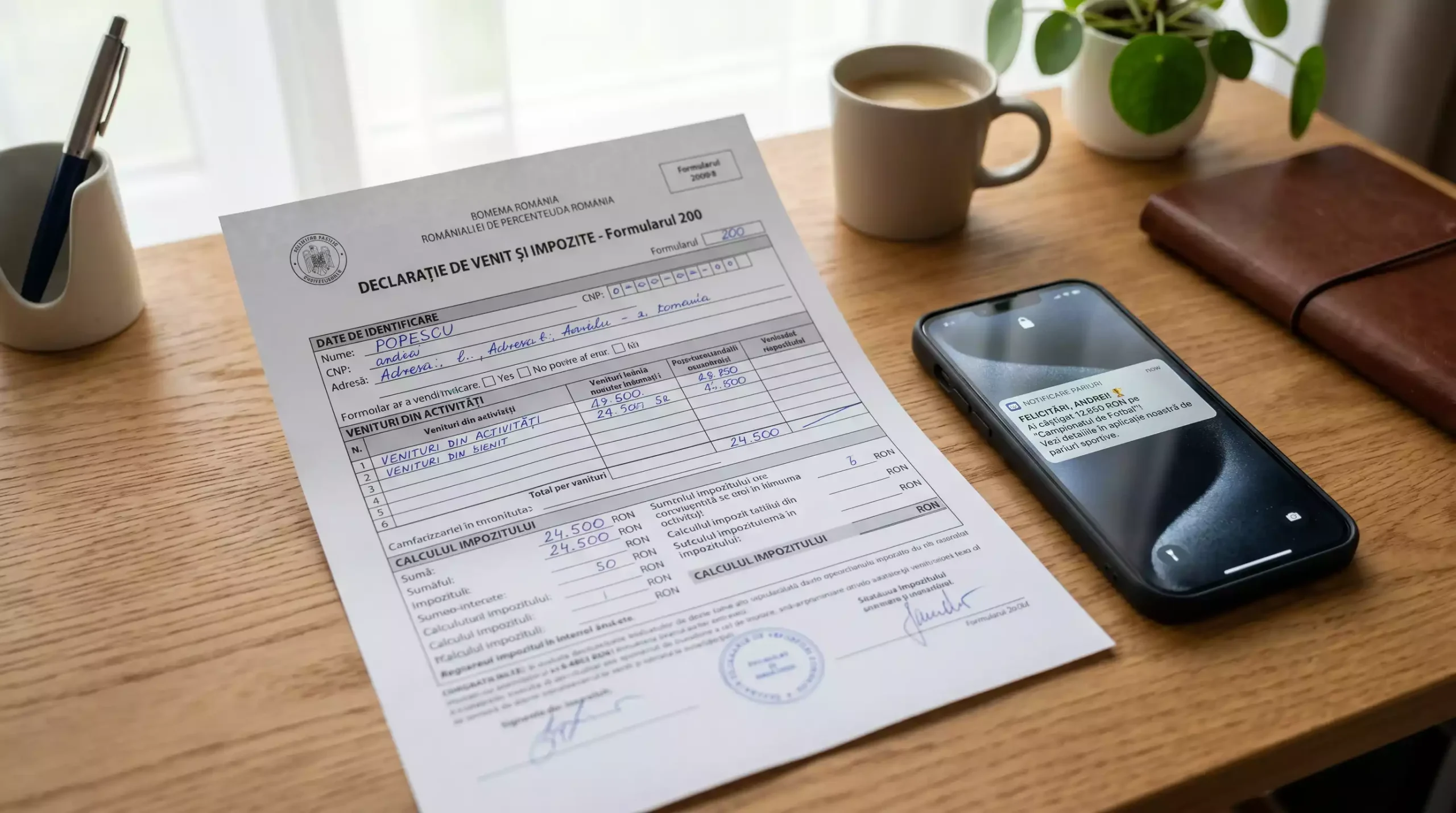 Formular fiscal pe un birou alaturi de un telefon cu o notificare de castig la pariuri sportive