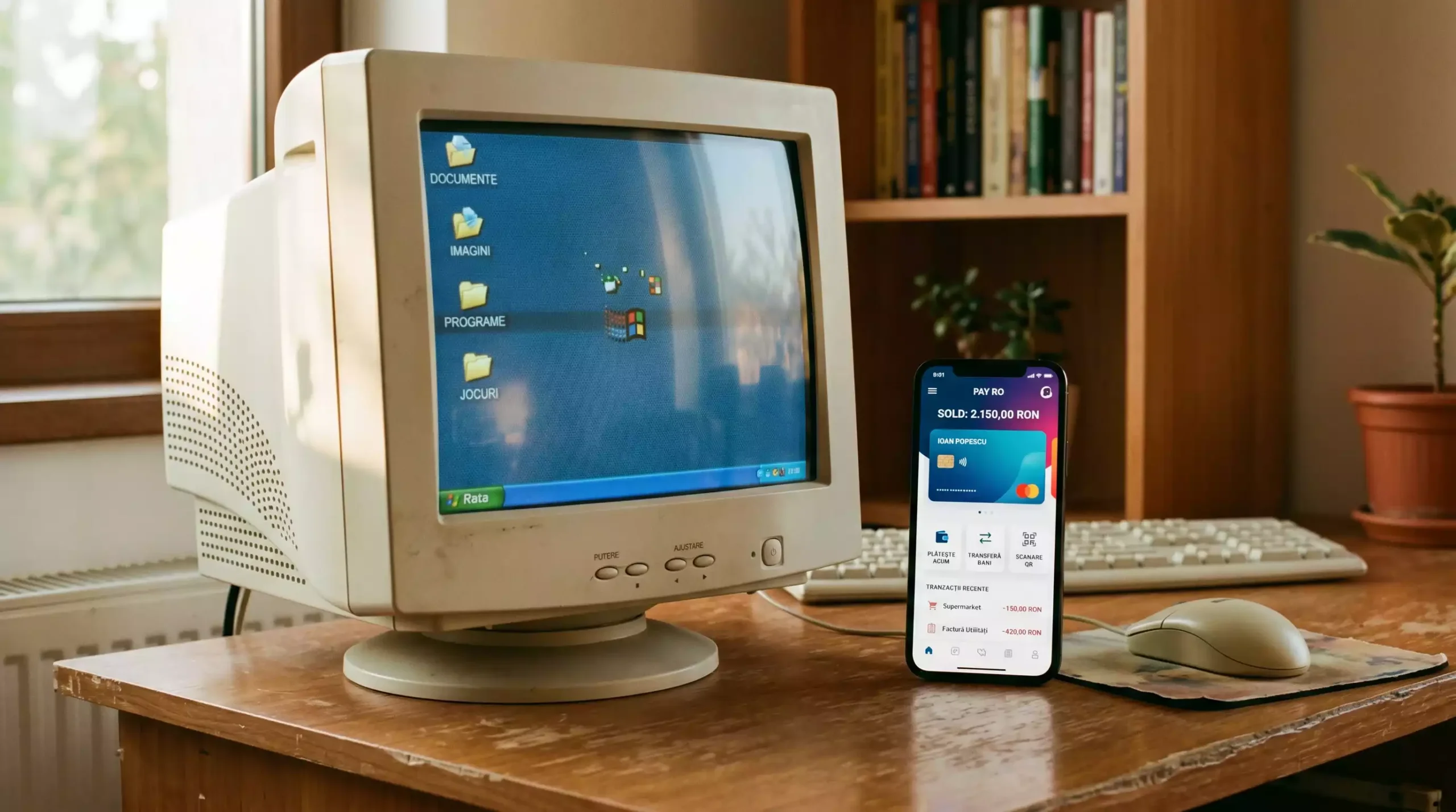 Monitor de calculator vechi din anii 2000 pe un birou alaturi de un telefon modern cu aplicatie de plata