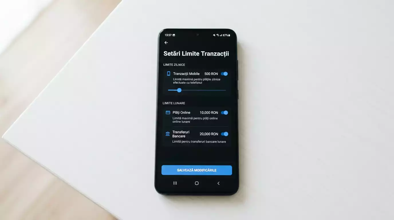 Ecran de telefon cu setarile de limite ale unui portofel electronic pe un fundal de birou curat
