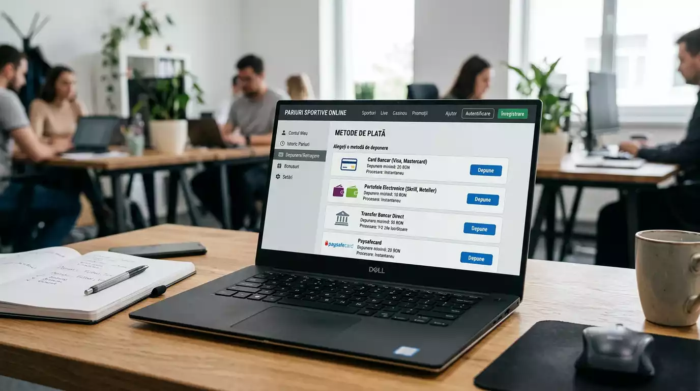 Interfata de pariuri sportive pe ecranul unui laptop cu sectiunea de metode de plata vizibila