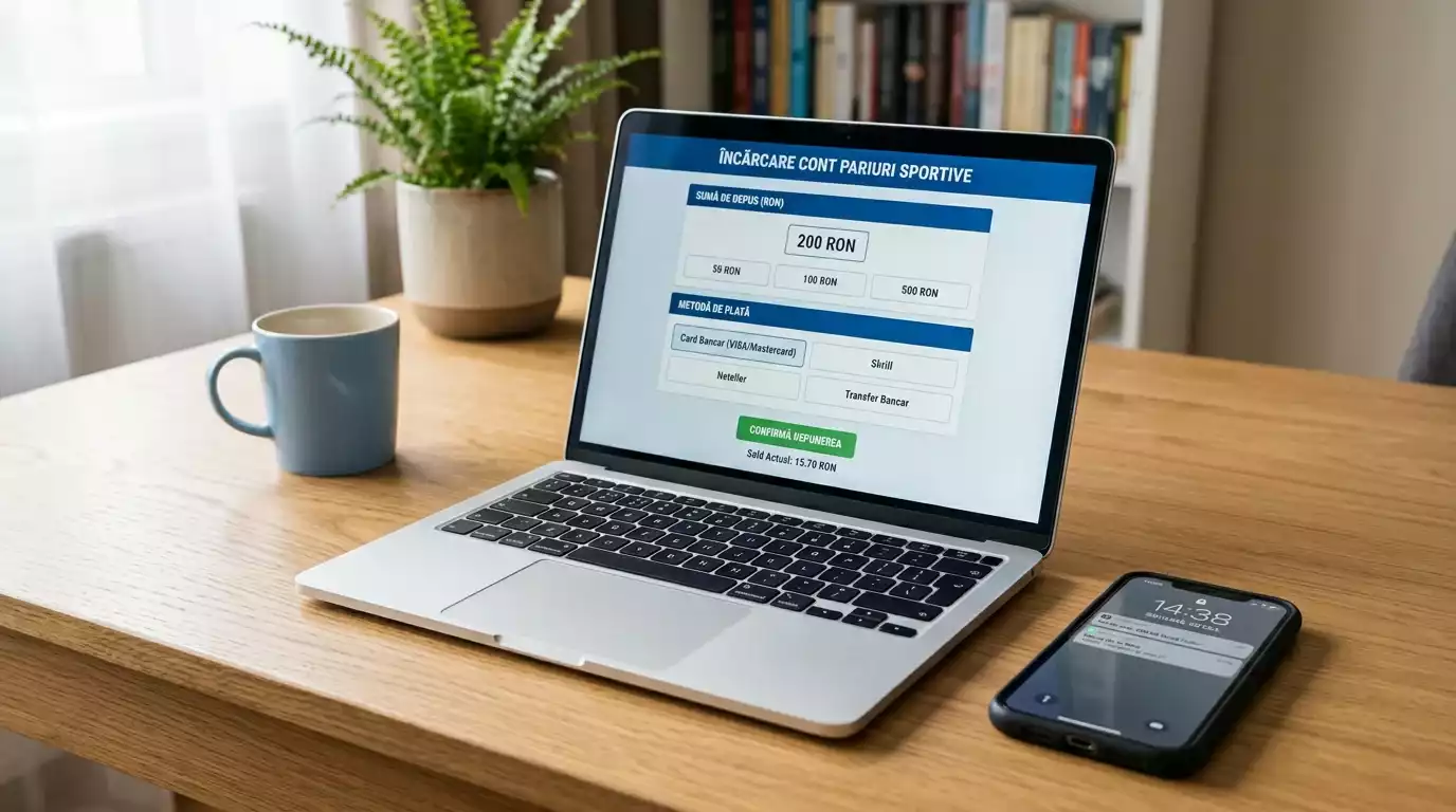 Laptop deschis pe pagina de depunere a unui cont de pariuri sportive cu un telefon alaturat