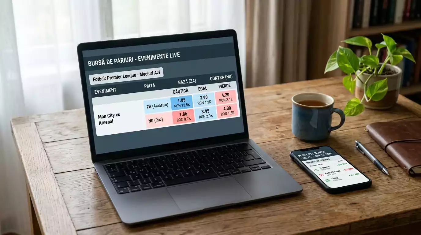 Laptop cu o platforma de pariuri exchange deschisa si un telefon cu aplicatia portofelului electronic