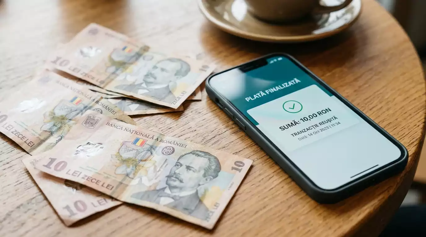 Ecran de telefon cu o tranzactie de suma mica pe un fundal cu bancnote romanesti de 10 lei