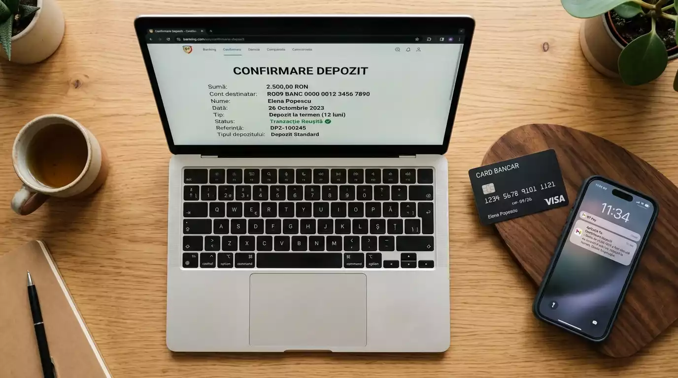 Birou cu un laptop deschis pe pagina de depunere si un card bancar langa telefon