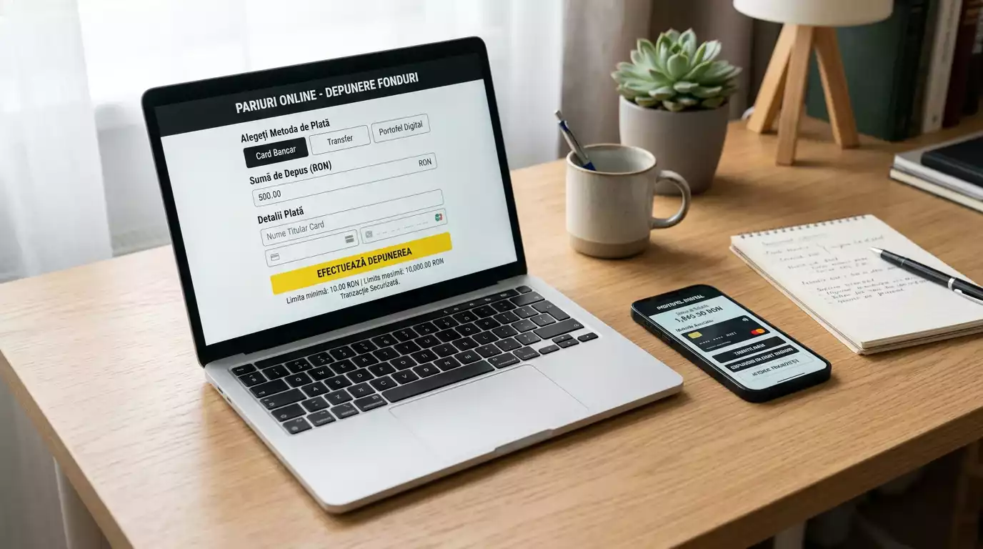 Ecran de laptop cu un formular de depunere la un operator de pariuri si un portofel digital pe telefon