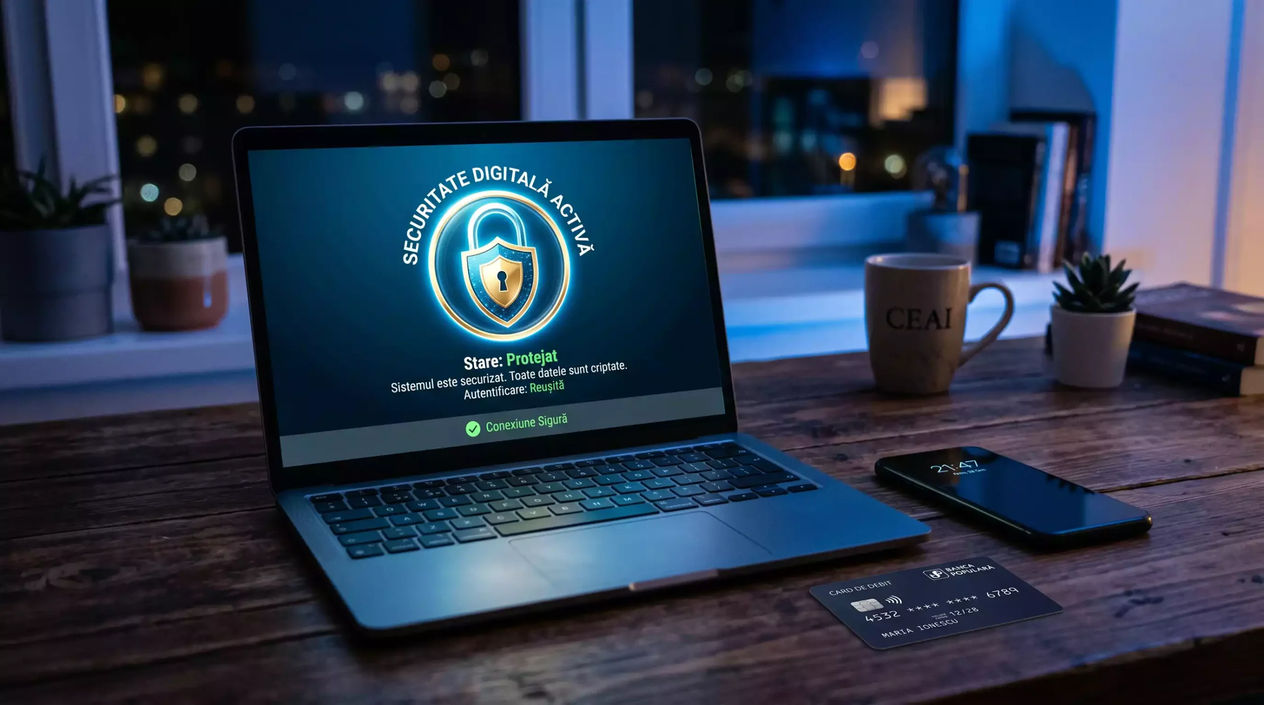 Lacat digital pe ecranul unui laptop cu un telefon mobil si un card bancar alaturi