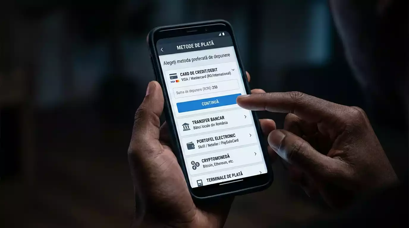 Ecranul unui telefon cu sectiunea de metode de plata a unui operator de pariuri sportive online