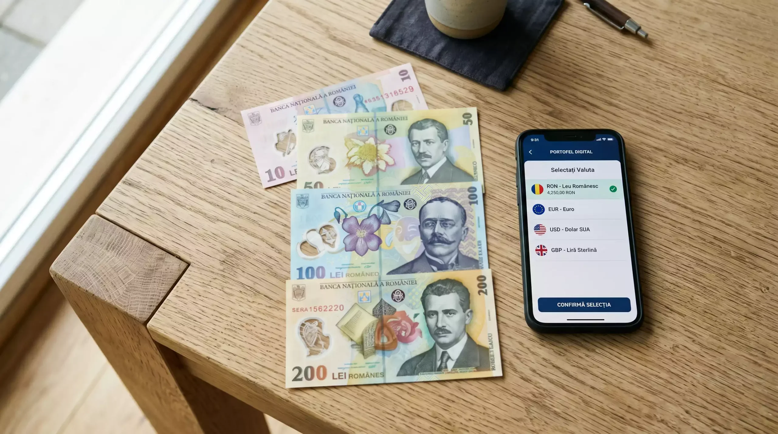 Bancnote romanesti de lei asezate langa un telefon cu aplicatia unui portofel electronic deschisa
