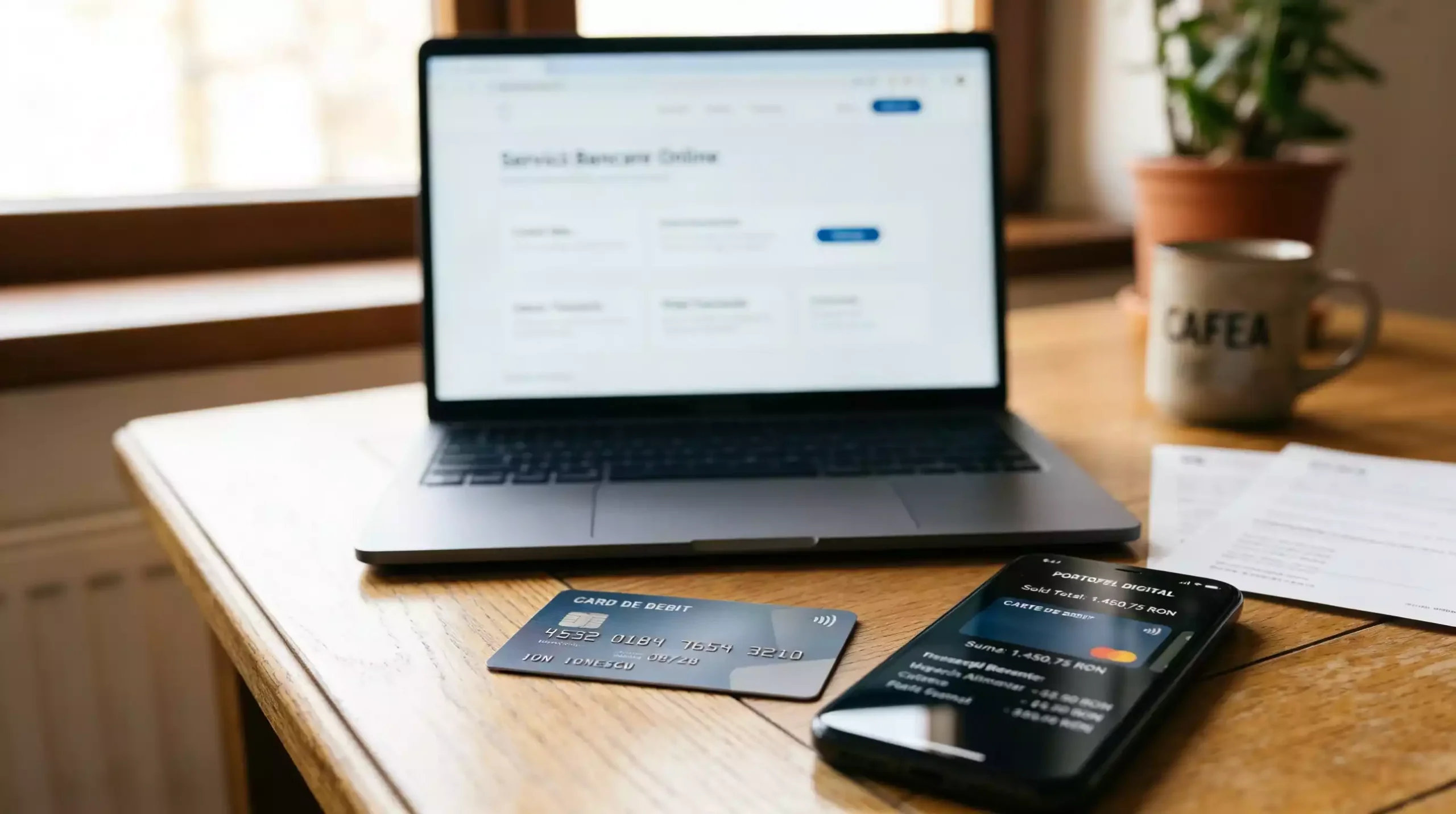 Un card bancar si un telefon cu portofel electronic asezate pe un birou langa un laptop deschis