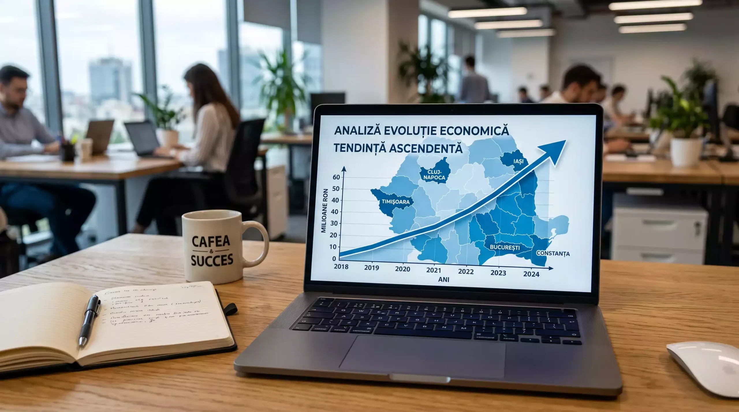 Grafic de crestere pe ecranul unui laptop cu harta Romaniei vizibila in fundal