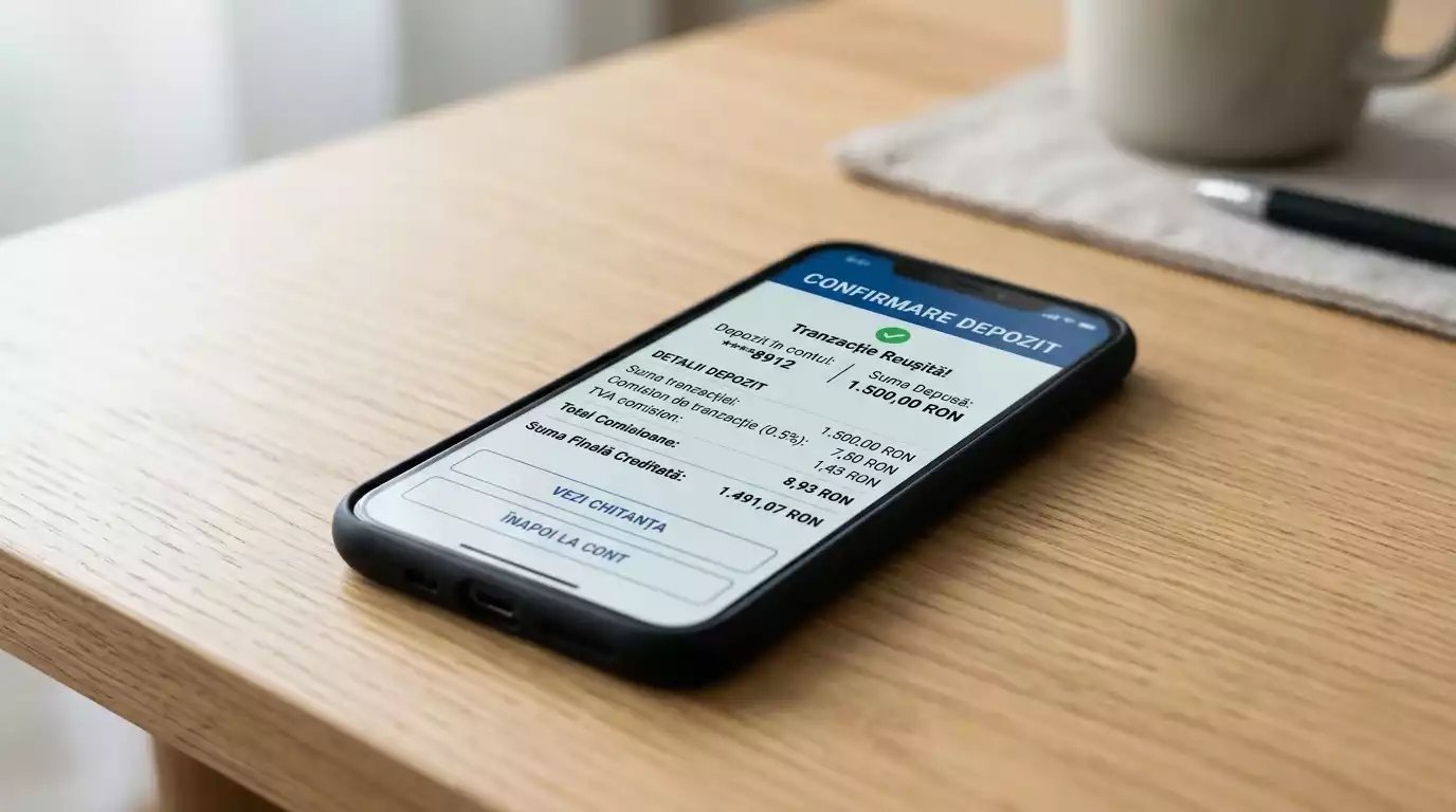 Ecran de telefon cu o confirmare de depunere la pariuri care arata taxa retinuta si suma neta