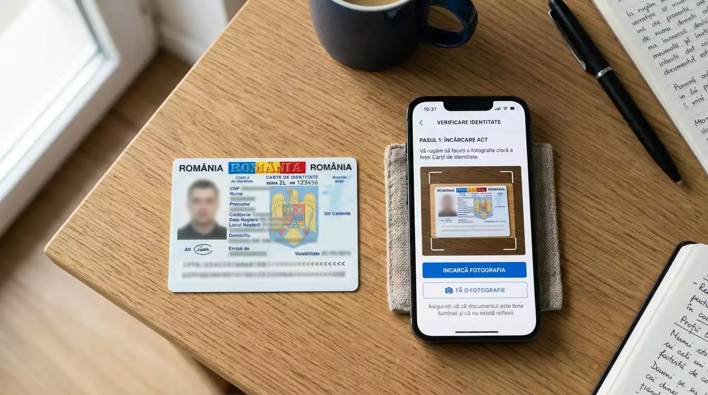 Buletin romanesc fotografiat pe un birou langa un telefon mobil cu aplicatia unui portofel electronic